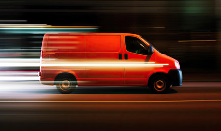 Delivery van with neon lights speeding through the city. Creating using generative AI toolsの素材