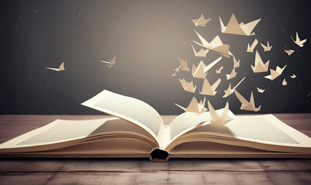 The open book with pages flying was a metaphor for the endless journey of knowledge and discovery. Creating using generative AI toolsの素材