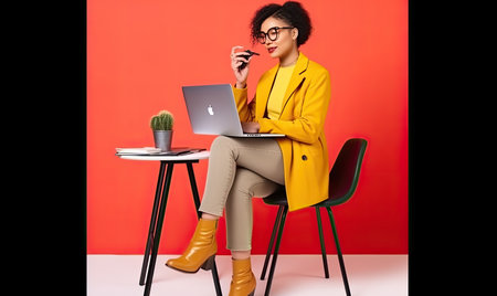 Woman using laptop for online shopping against vibrant colored background. Creating using generative AI toolsの素材