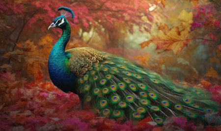 A mesmerizing peacock with vibrant feathers in a mystical fantasy realm. Creating using generative AI toolsの素材