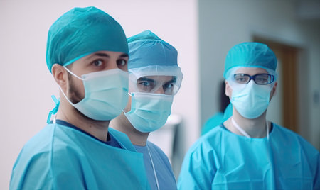 Male doctors in scrubs posing for a photo inside the hospital. Creating using generative AI toolsの素材