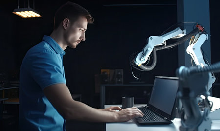 Skilled software developer working on coding project with laptop. Creating using generative AI toolsの素材