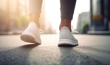 Athletic shoes close-up on feet of running athlete Creating using generative AI toolsの素材
