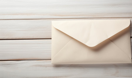 A plain envelope in beige color on a white wooden table. Creating using generative AI toolsの素材