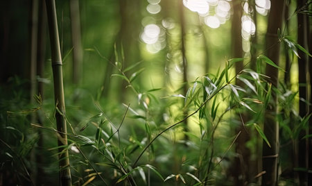A lush forest of bamboo trees with a soft focus background. Creating using generative AI toolsの素材