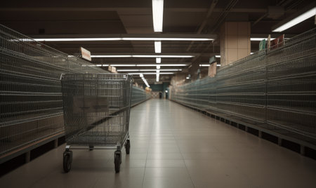 Abandoned shopping cart in a supermarket aisle. Creating using generative AI toolsの素材