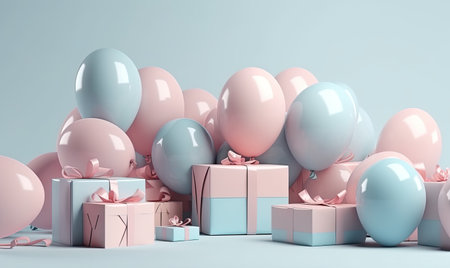 Create a festive mood with an array of pastel balloons on a soft pink and blue backdrop Creating using generative AI toolsの素材