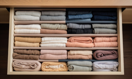 Neat and tidy sock drawer with folded socks of various colors. Creating using generative AI toolsの素材