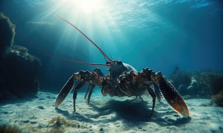 Close-up of a magnificent lobster underwater with colorful surroundings Creating using generative AI toolsの素材