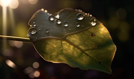 Sparkling water drop with sunburst on a leaf. Creating using generative AI toolsの素材