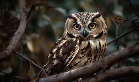 Wild owl with sharp gaze looking straight into the camera. Creating using generative AI toolsの素材