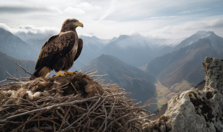 A close-up of eagle perched near their mountain nest Creating using generative AI toolsの素材