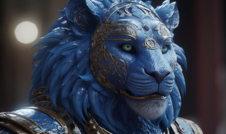 With regal grace, the anthropomorphic lion parades in military armor, embodying strength and courage. Creating using generative AI toolsの素材
