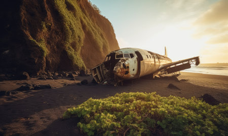 The forlorn remains of an airplane lay stranded on a black sand beach. Creating using generative AI toolsの素材