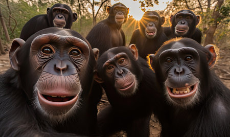 Capture the playful spirit of a chimpanzee in a delightful selfie moment. Creating using generative AI toolsの素材