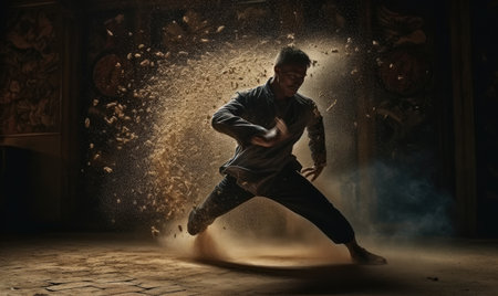 Skillful martial arts warrior demonstrates powerful training strikes with finesse. Creating using generative AI toolsの素材