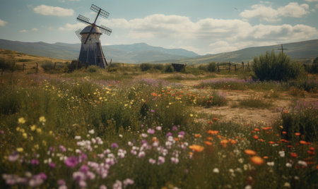 Tranquil scenery of old windmill and blooming field Creating using generative AI toolsの素材
