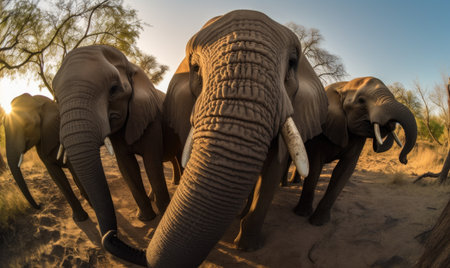 Endearing elephant captures a heartwarming selfie with its trunk in frame. Creating using generative AI toolsの素材