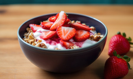 yogurt with fresh fruits in a white bowl Creating using generative AI toolsの素材