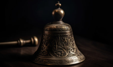 The vintage hand bell shines in contrast to the mysterious dark background. Creating using generative AI toolsの素材