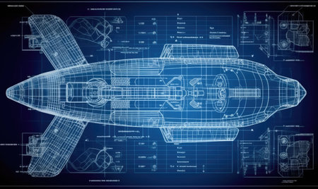 The technical drawing provides a detailed representation of the spaceship's solar panels and energy storage systems. Creating using generative AI toolsの素材