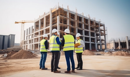 Engineers and architects inspecting commercial construction site with hard hats. Creating using generative AI toolsの素材