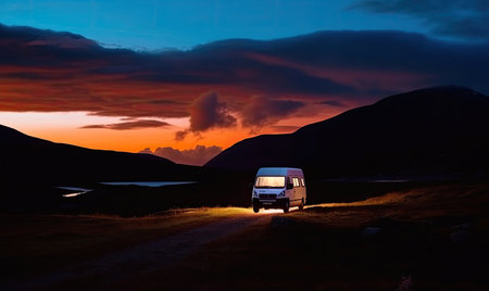 The mesmerizing beauty of the natural surroundings was heightened by the glowing light from the camper van. Creating using generative AI toolsの素材