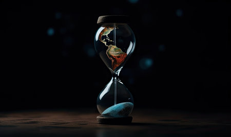 Global warming ticking clock: Earth in an hourglass. Creating using generative AI toolsの素材