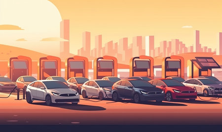 Eco-friendly commute: electric cars charging on company parking lot Creating using generative AI toolsの素材