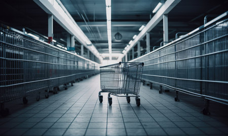A shopper's perspective of an empty supermarket aisle. Creating using generative AI toolsの素材