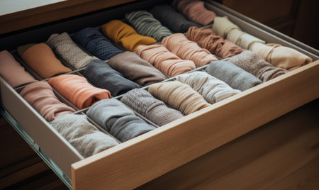 Drawer full of neatly folded socks in perfect order. Creating using generative AI toolsの素材