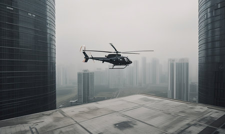 The helicopter lands on the building's rooftop Creating using generative AI toolsの素材