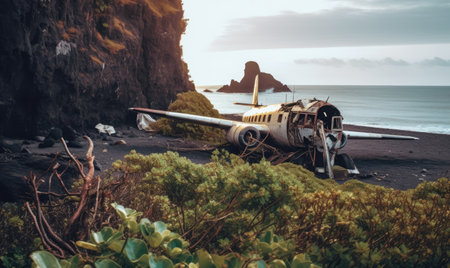 A haunting scene unfolds as an abandoned airplane meets the black sand beach. Creating using generative AI toolsの素材