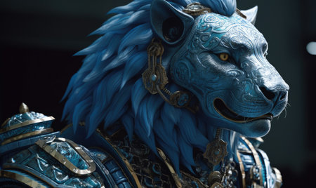 Witness the awe-inspiring presence of an anthropomorphic lion, donning powerful military armor. Creating using generative AI toolsの素材