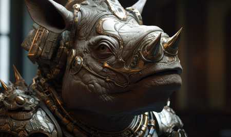 Clad in sturdy military armor, the anthropomorphic rhinoceros stands as a symbol of strength. Creating using generative AI toolsの素材