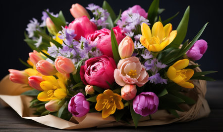 bouquet of multicolored tulips on grey background, in the style of bold color combinations Creating using generative AI toolsの素材