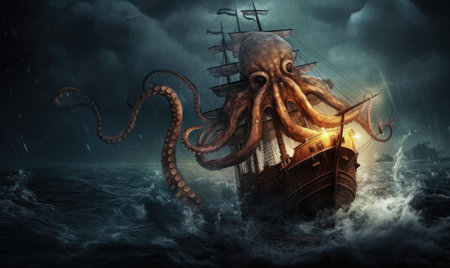 A giant octopus emerges from the depths, menacingly wrapping its tentacles around the ship. Creating using generative AI toolsの素材