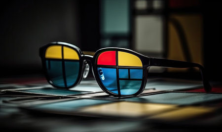 The vibrant hues of the color glasses on the sunglasses added flair. Creating using generative AI toolsの素材