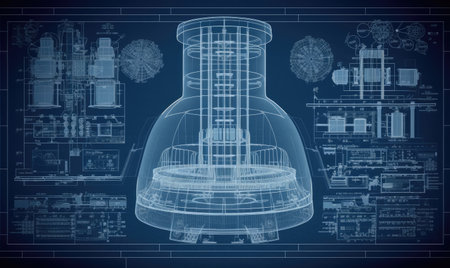 In-depth technical drawing of a nuclear power plant displayed in an informative blueprint. Creating using generative AI toolsの素材