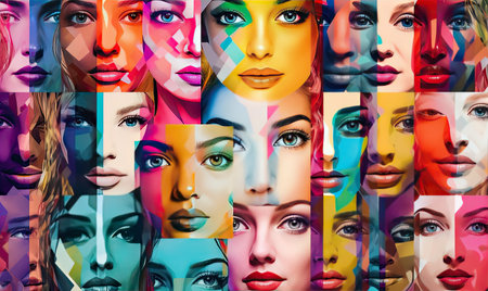 women with different colored, in the style of digital painting, colorful portraits Creating using generative AI toolsの素材