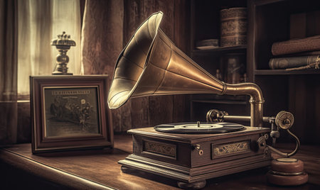 Set the mood with a timeless gramophone placed gracefully on a wooden table. Creating using generative AI toolsの素材