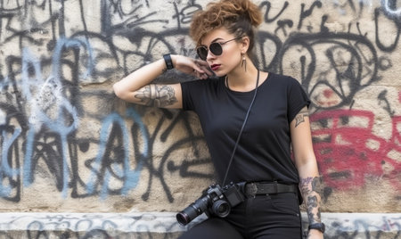 She paired her outfit with a simple yet chic blank black short. Creating using generative AI toolsの素材