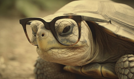 Encounter a venerable turtle with poor eyesight, relying on glasses for clarity. Creating using generative AI toolsの素材