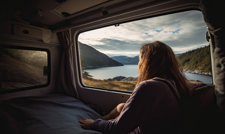 Photo for The young woman was sitting in a camper van, looking out at the mountains. Creating using generative AI tools - Royalty Free Image