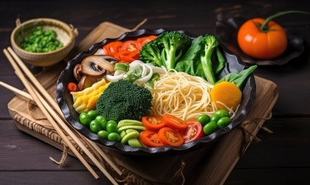 Nutritious stir-fried noodles with fresh veggies Creating using generative AI toolsの素材
