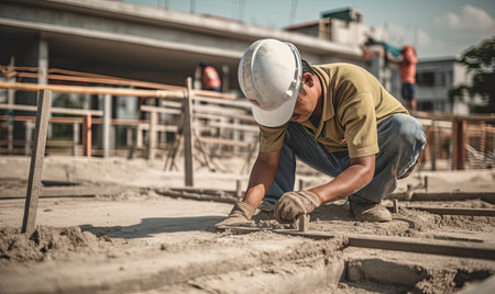 Skilled laborer using power tools to fix metal fittings on construction site. Creating using generative AI toolsの素材