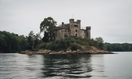 Amidst the sea, an old castle remained abandoned on a small island Creating using generative AI toolsの素材