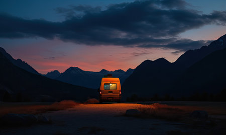 The glowing light from the camper van illuminated the beautiful nature around it. Creating using generative AI toolsの素材