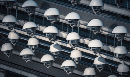 Surveillance cameras watch over bustling city streets. Creating using generative AI toolsの素材
