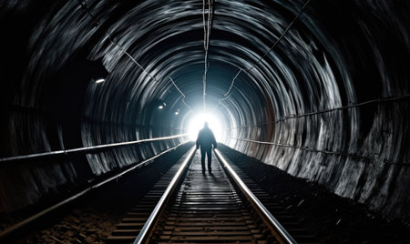 The man spotted a glimmer in the darkness of the tunnel beside the rails Creating using generative AI toolsの素材